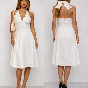 White Halter Bow Back Midi Dress Chic Summer Classic Balletcore Small